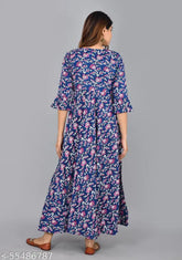 Blue Rayon Women's A-Line Round Neck Bell Sleeves Printed Kurta, traditional Indian ethnic wear with three-quarter sleeves